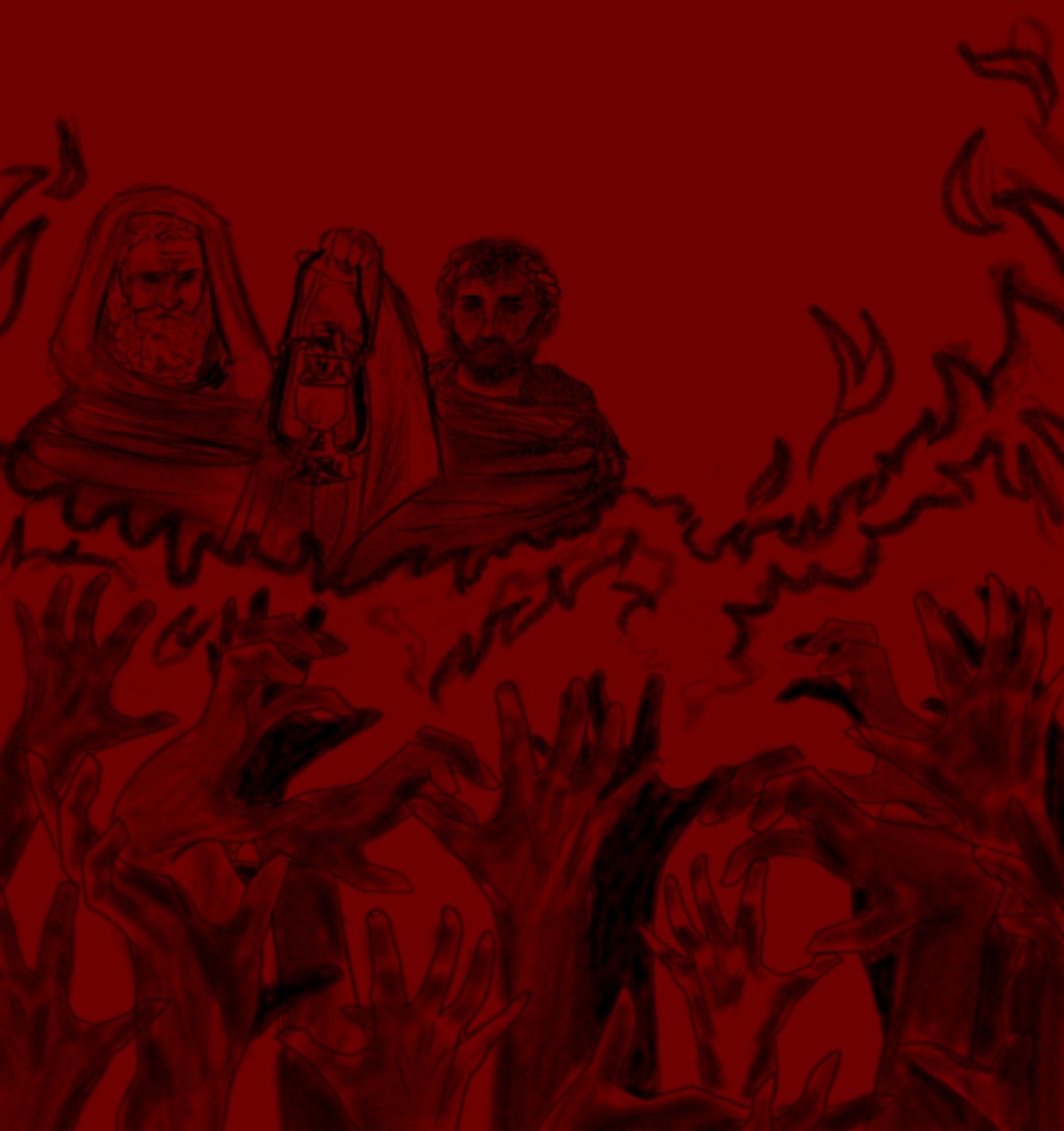 A digital art piece by Gabi Dorko, displaying Dante and his guide as the souls of Hell reach for them. 