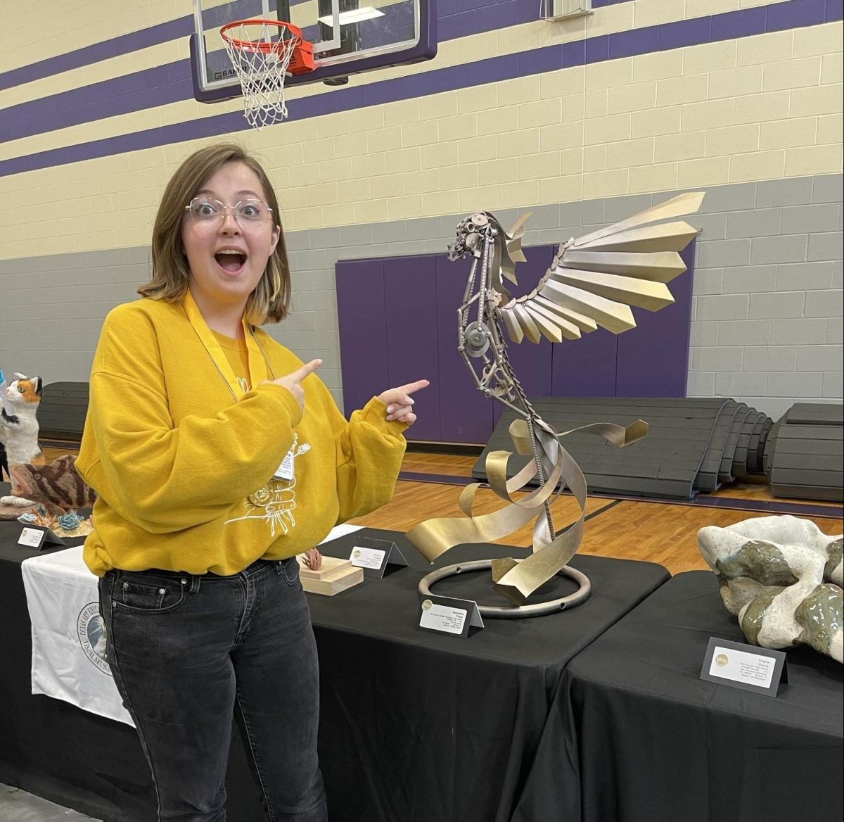 Patten in front of her sculpture. Photo courtesy, Mrs. Jones