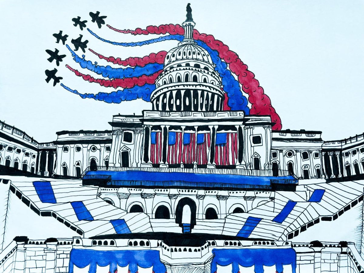 This artwork was created in January by Thomas Trevino. The artwork depicts Capitol Hill in Washington DC during the inauguration celebration. 