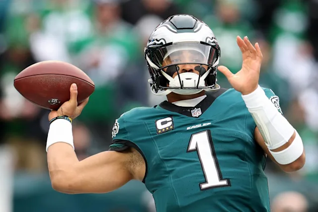 Philadelphia Eagles quarterback Jalen Hurts warms up prior to the NFC Championship game against the Washington Commanders on Jan. 26, 2025. Photo courtesy of Emilee Chinn/Getty Images
