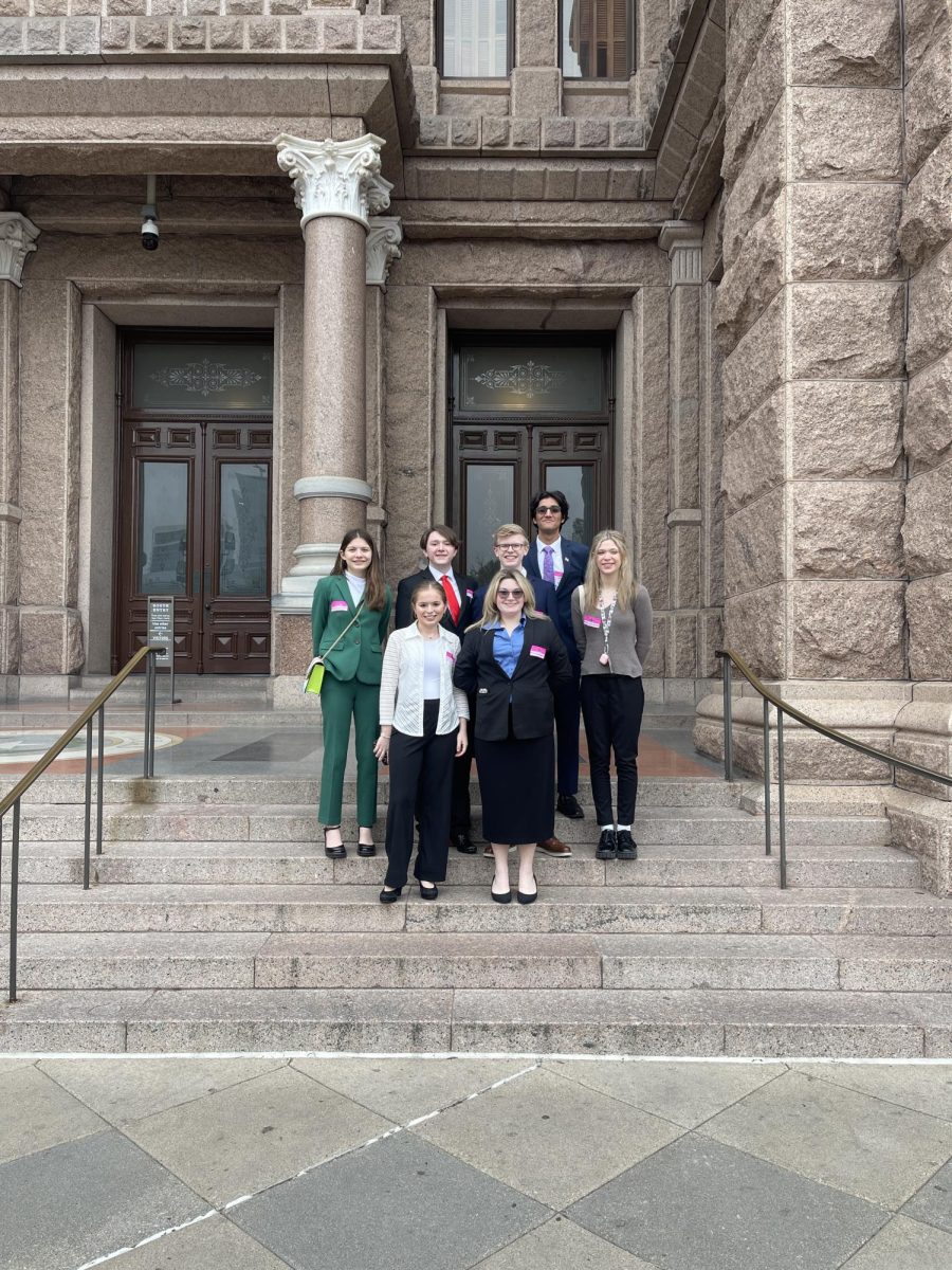 Senior's Bella Villareal, Kylie McCranie, Dakota McMillan and Kylie Trexler alongside former students Jacob Hill and Jayden Ammons, at the Texas Capitol for a debate competition.