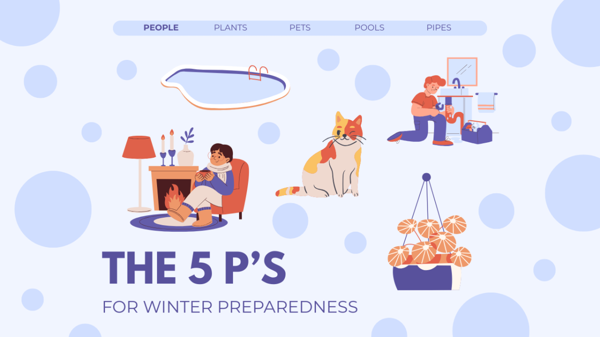 Graphic illustrating how to prepare for a winter storm with the 5 P's. Designed by Marisol Aguilar
