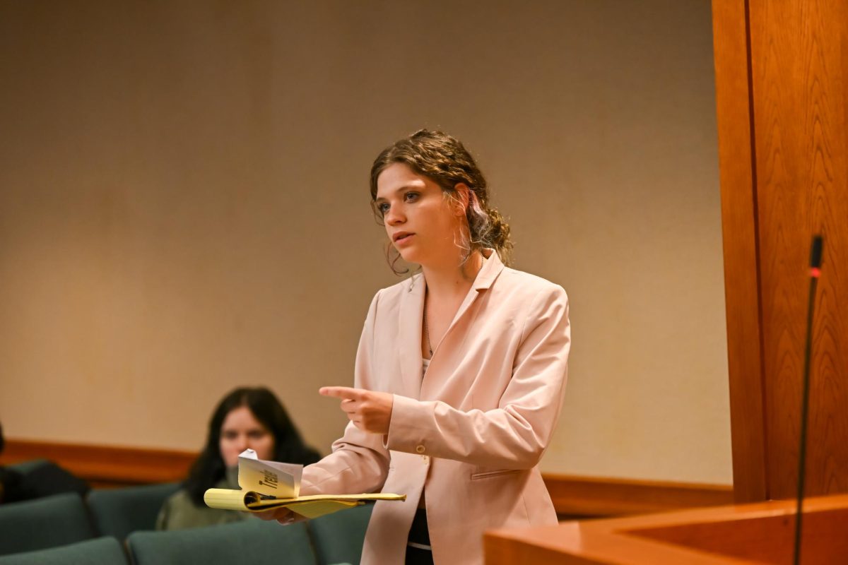 Senior Kylie Trexler questions a fellow competitor during the final round of the Congress UIL state meet at the Texas Capitol. Photo used with permission from the University Interscholastic League