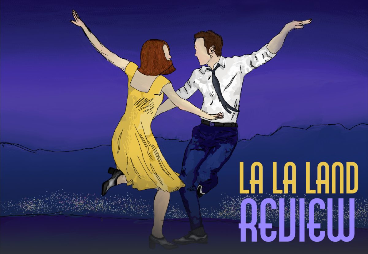 Illustration depicting the main characters from the movie “La La Land” performing an eye-catching piece of choreography. Illustration by Hailey Myron